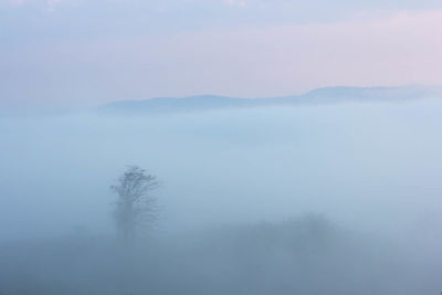 Scenic view of mountains in foggy weather