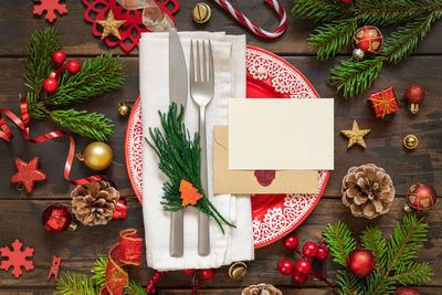 Directly above shot of christmas decorations on table