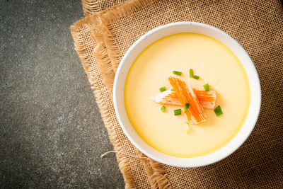 High angle view of soup in bowl on table