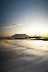 Scenic view of table mountain reflecting on the ocean 