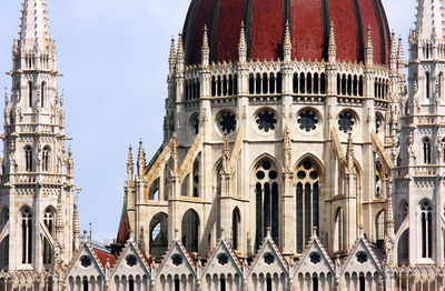 Close-up of hungarian parliament building against sky