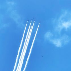 Low angle view of airplane flying against sky