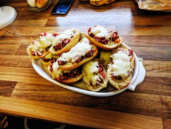 High angle view of food in plate on table