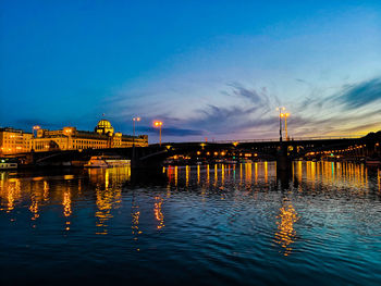 Illuminated bridge over river against blue sky