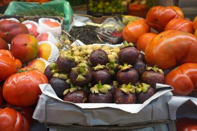 High angle view of fruits for sale at market stall