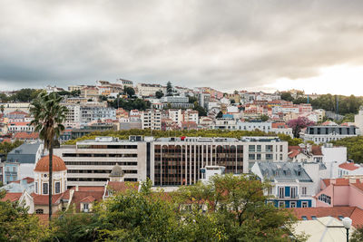 Aerial panoramic view of lisbon, portugal. drone photo of the lisbon old town skyline.