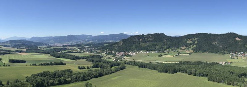 Panoramic view of agricultural field against clear sky