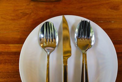 High angle view of cutlery and steak knife in plate on table