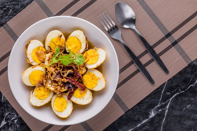 High angle view of breakfast served on table