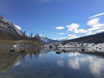 Scenic view of lake by snowcapped mountains against sky