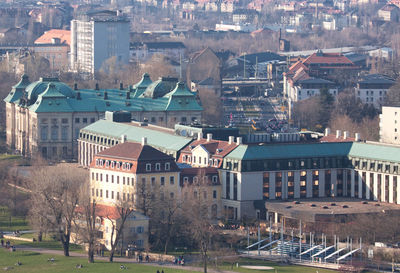 High angle view of buildings in city