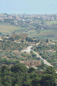 High angle view of buildings in village