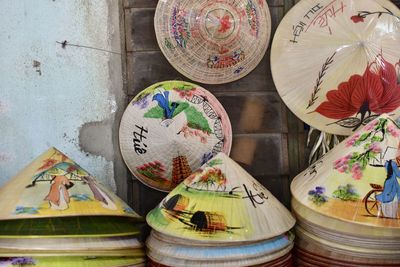 High angle view of various decoration on table