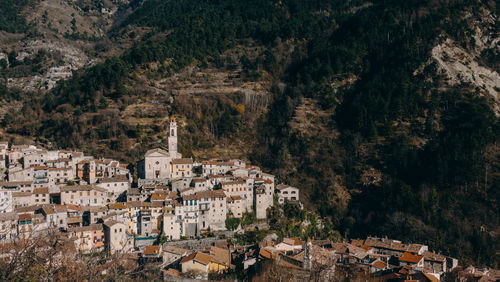 High angle view of townscape and trees in city