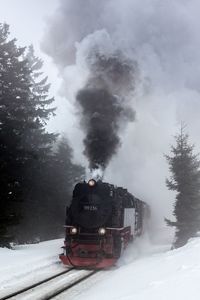 People in train against sky during winter