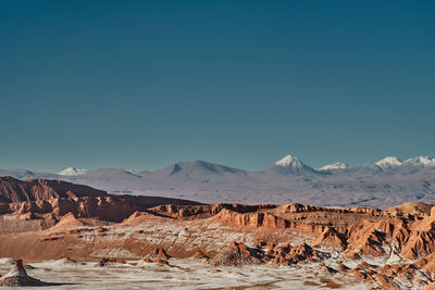 Scenic view of snowcapped mountains against clear blue sky