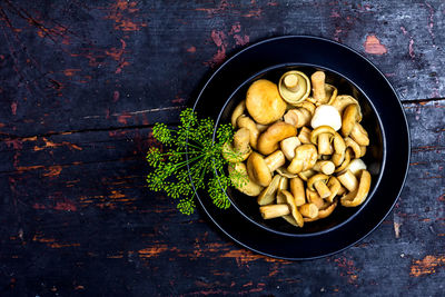 High angle view of vegetables in bowl on table