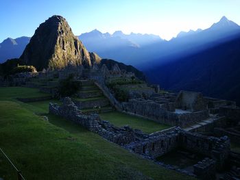 High angle view of old ruins against sky