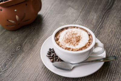 High angle view of coffee on table