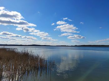 Scenic view of lake against blue sky