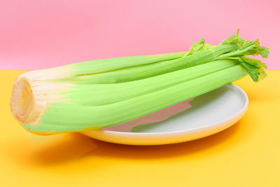 High angle view of food in plate on yellow background