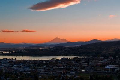 High angle view of townscape against sky during sunset