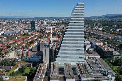 High angle view of buildings in city