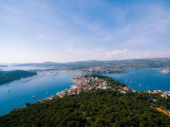 High angle view of bay against sky
