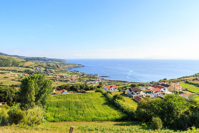 Scenic view of agricultural field by sea against sky