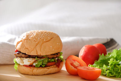 Close-up of burger on table