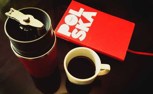 High angle view of coffee cup on table