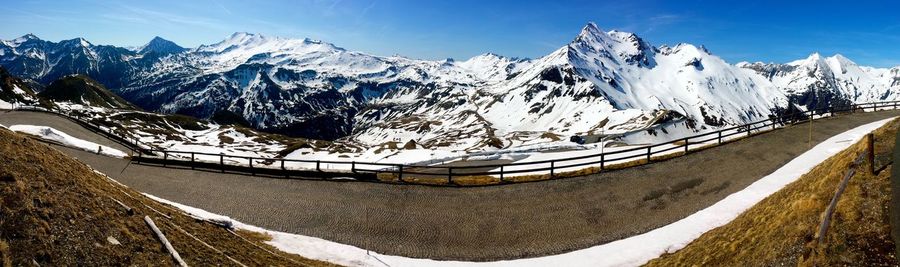 Scenic view of snow covered mountains against sky