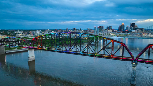 Bridge over river in city against sky