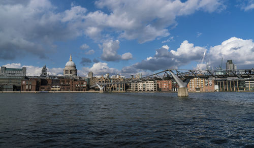 View of buildings by river against cloudy sky