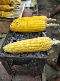 Close-up of yellow corn on barbecue grill