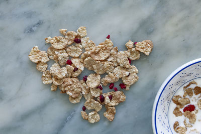 High angle view of breakfast on table