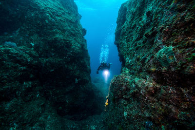 Woman scuba diving undersea
