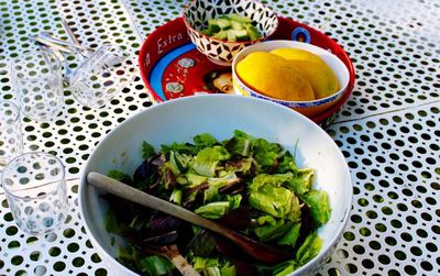 High angle view of salad in bowl on table