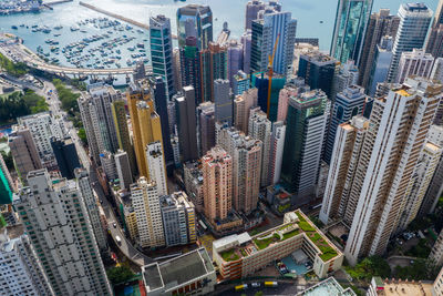 High angle view of modern buildings in city