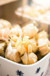 Close-up of gooseberries in wicker basket