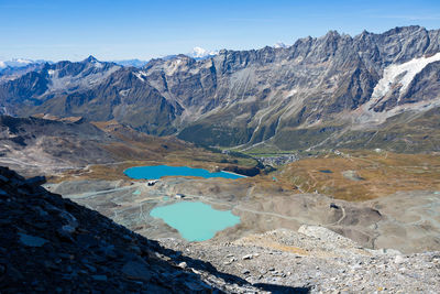 Scenic view of snowcapped mountains against blue sky