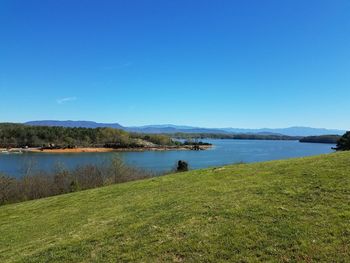 Scenic view of lake against clear blue sky