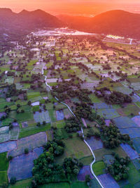 High angle view of townscape against sky during sunset