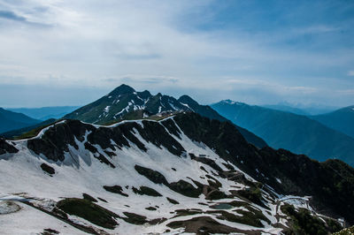 Scenic view of snowcapped mountains against sky