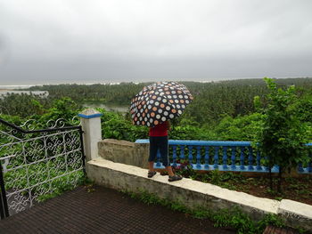Rear view of woman standing by plants against sky