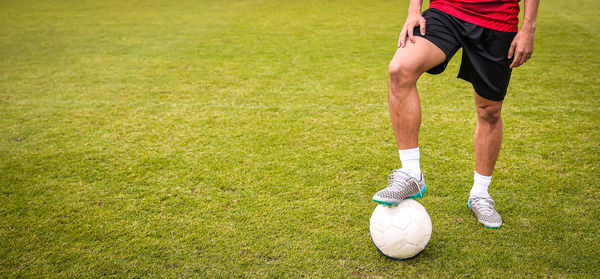 Low section of person with ball on grass