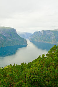 Scenic view of sea and mountains against sky