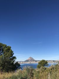 Scenic view of sea against clear blue sky