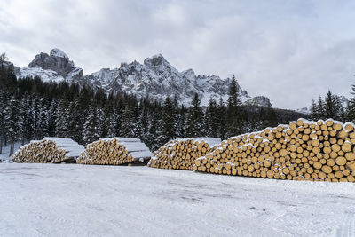 Scenic view of snow covered land against sky