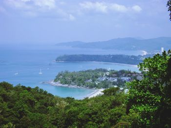 High angle view of bay against sky